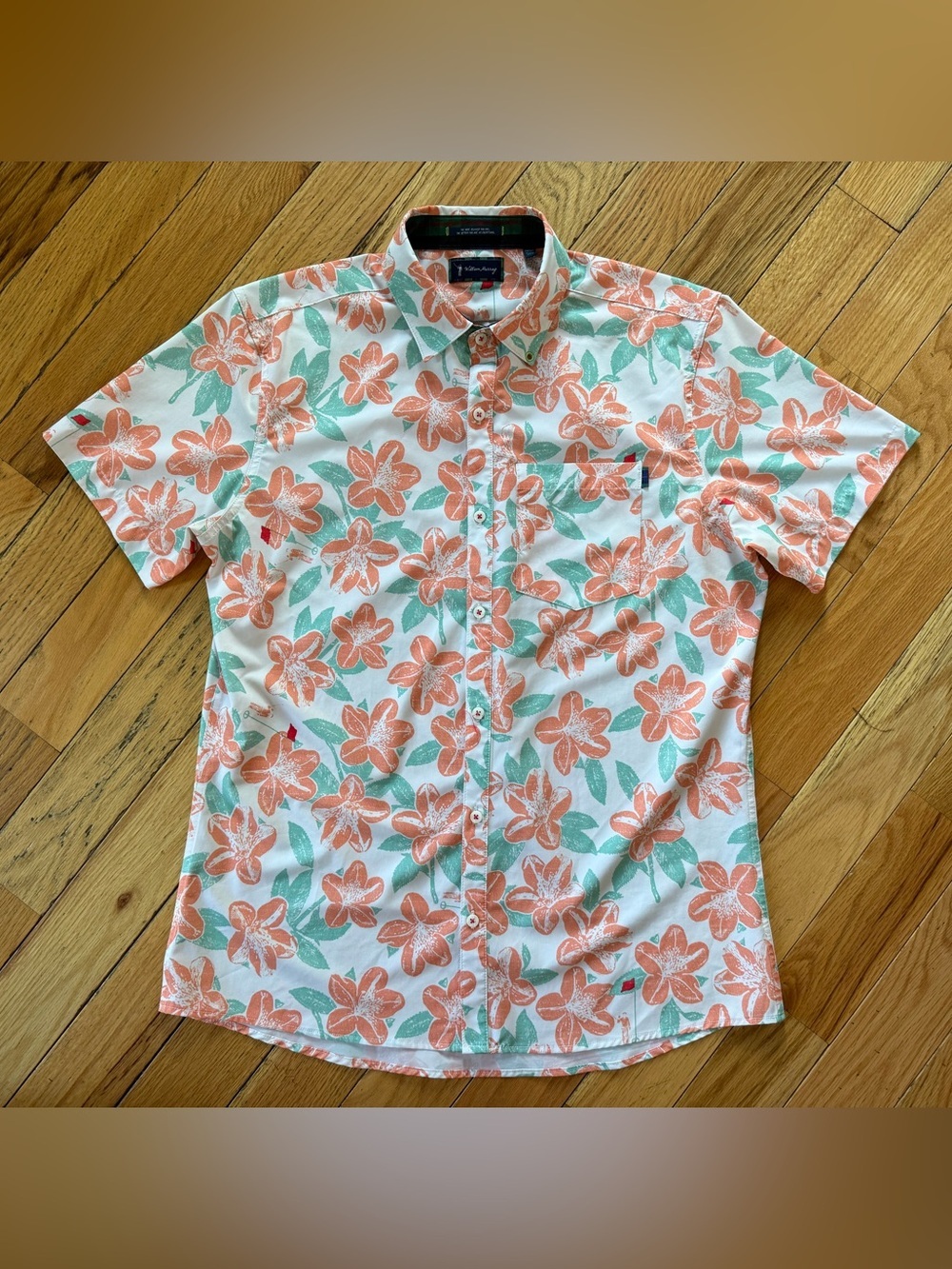 William Murray Button Up Shirt Men's Size M Floral Golf Hawaiian Orange/White